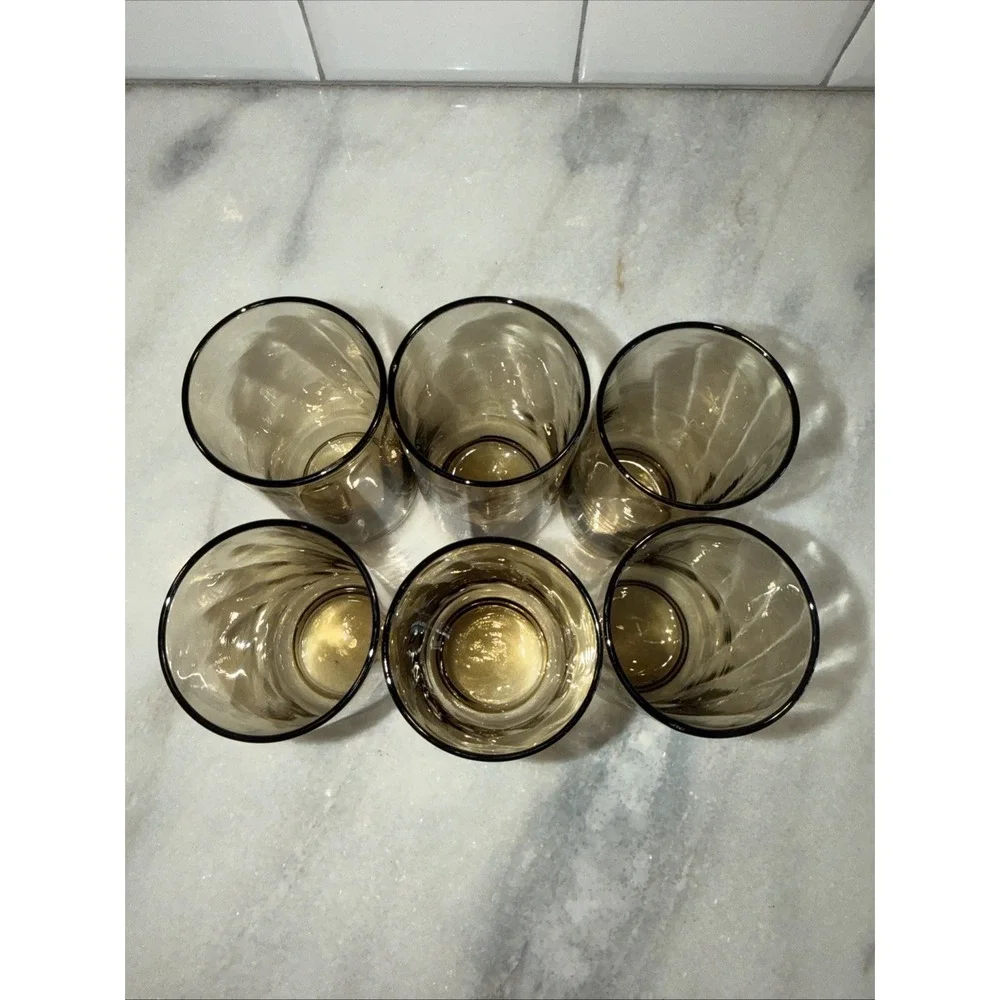 Libbey Swirl Optic Tawny Brown Tumbler Set Of 6 Vintage 5 1/2